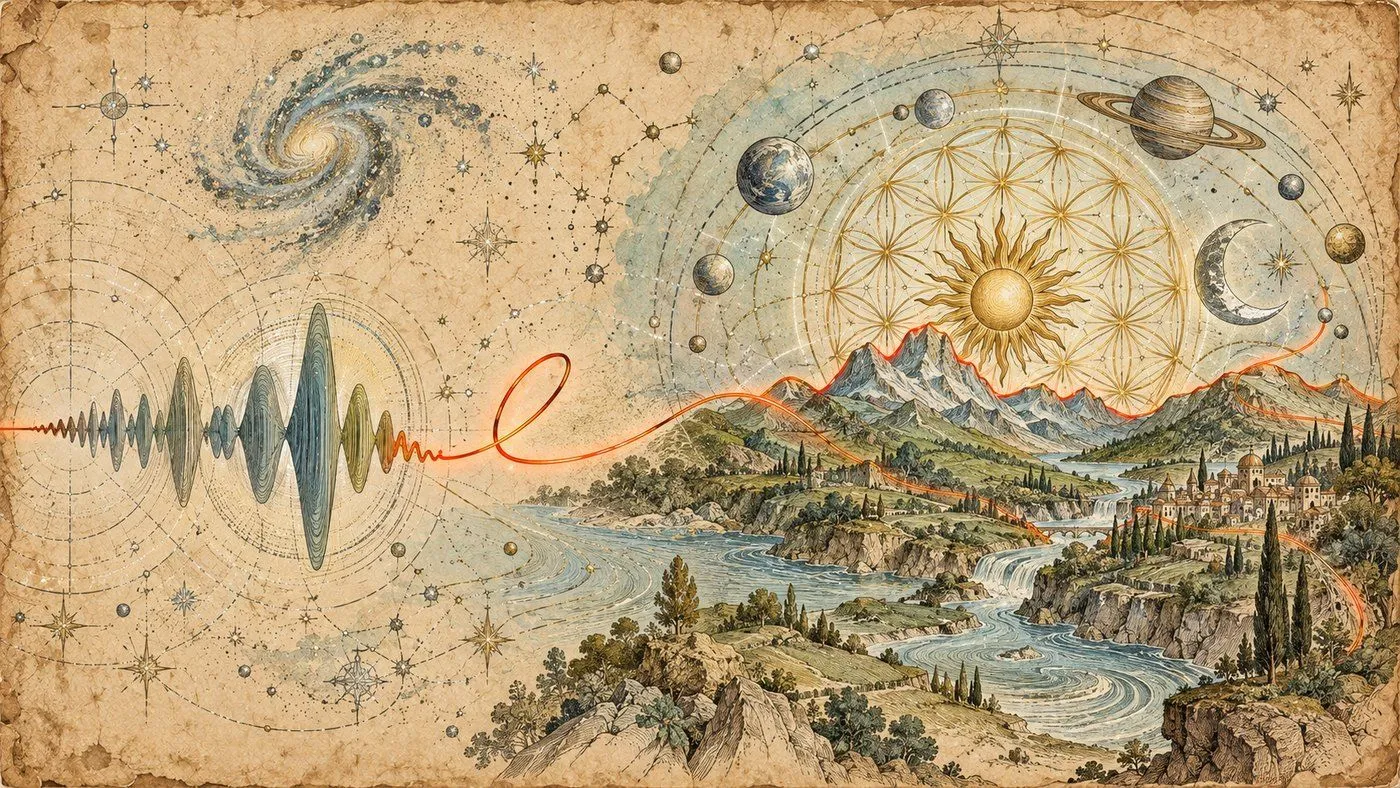 Old scientific plate: a sound wave becomes an orange signature that builds mountains, a river, a city, the sun, the moon and planets, with a galaxy, constellations and the flower of life